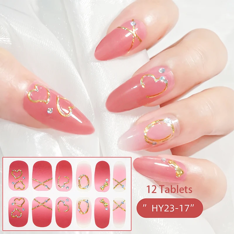 Pegatinas de uñas de Gel DIY, 12 puntas, tiras de uñas de larga duración, parche deslizante, pegatina de cubierta completa, calcomanía de manicura