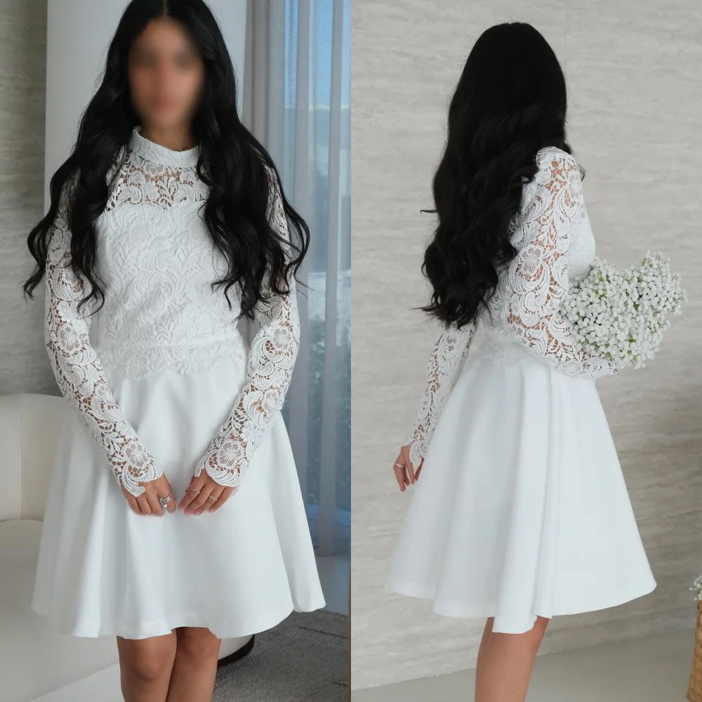 

Customized Matching Exquisite Jersey Pleat Lace A-line High Collar Short Dresses Bespoke Occasion Dresses Elegant High Quality