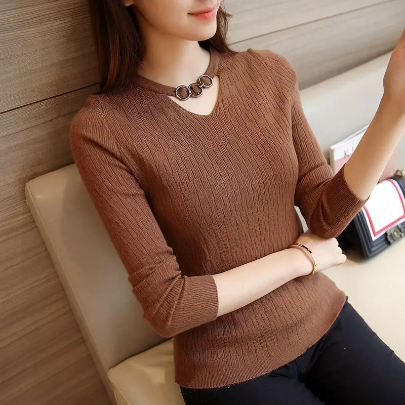 Korean Clothing Autumn Winter New Hanging Neck Sweater Women Solid Slim Hollow Elastic Fashion Long Sleeve Bottoming Knitted Top