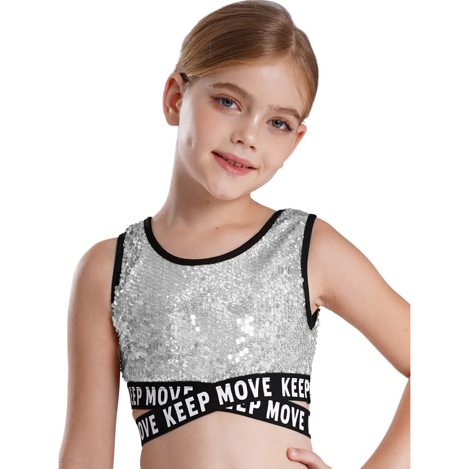 

Kids Girls Shiny Sequins Hip-hop Jazz Dance Tank Tops Criss-cross Waistline Teens Cheerleading Crop Top Music Festival Dancewear