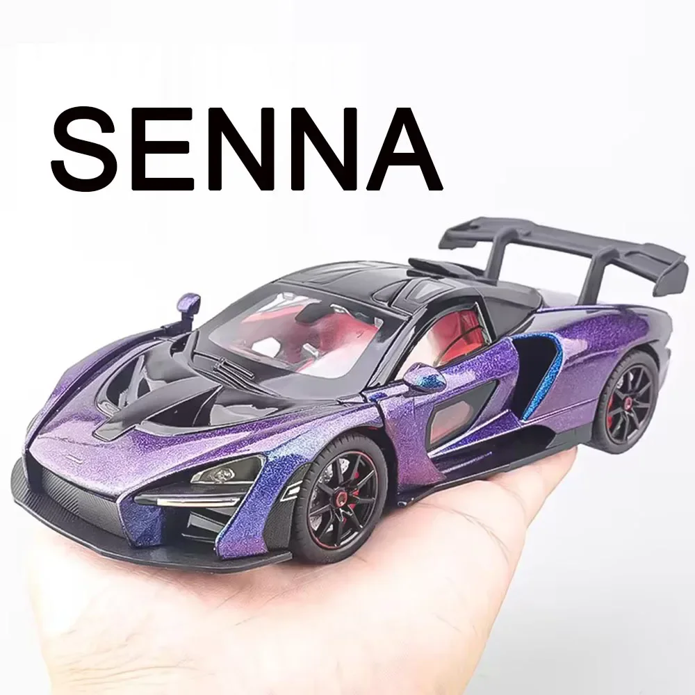 

1:24 Senna Cars, игрушка из сплава, литая под давлением модель, резиновые шины, легкая музыка, миниатюрный суперкар, 4-дверный открытый автомобиль, коллекция подарков для мальчиков