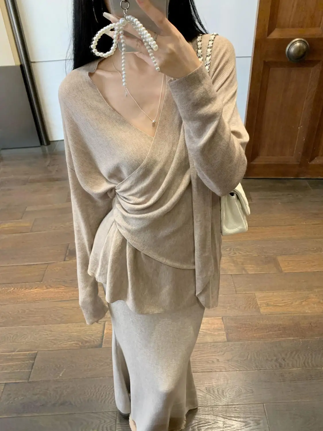 Donna 2025 Primavera Autumu Nuovo stile pigro Allentato Cross-Stretch Top Vita alta Gonna sottile sui fianchi Set da due pezzi da donna