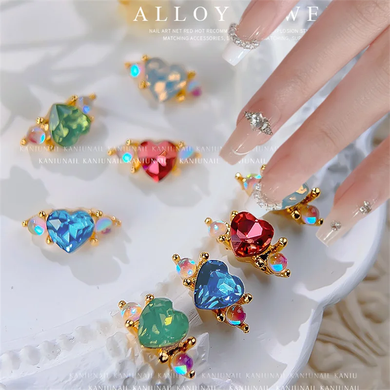 10pcs 3D Nail Art Alloy Rhinestone Heart Ring Diamond Glass Charms Luxury Zircon Aurora Stone Ring Shape For Manicure Jewelry ##