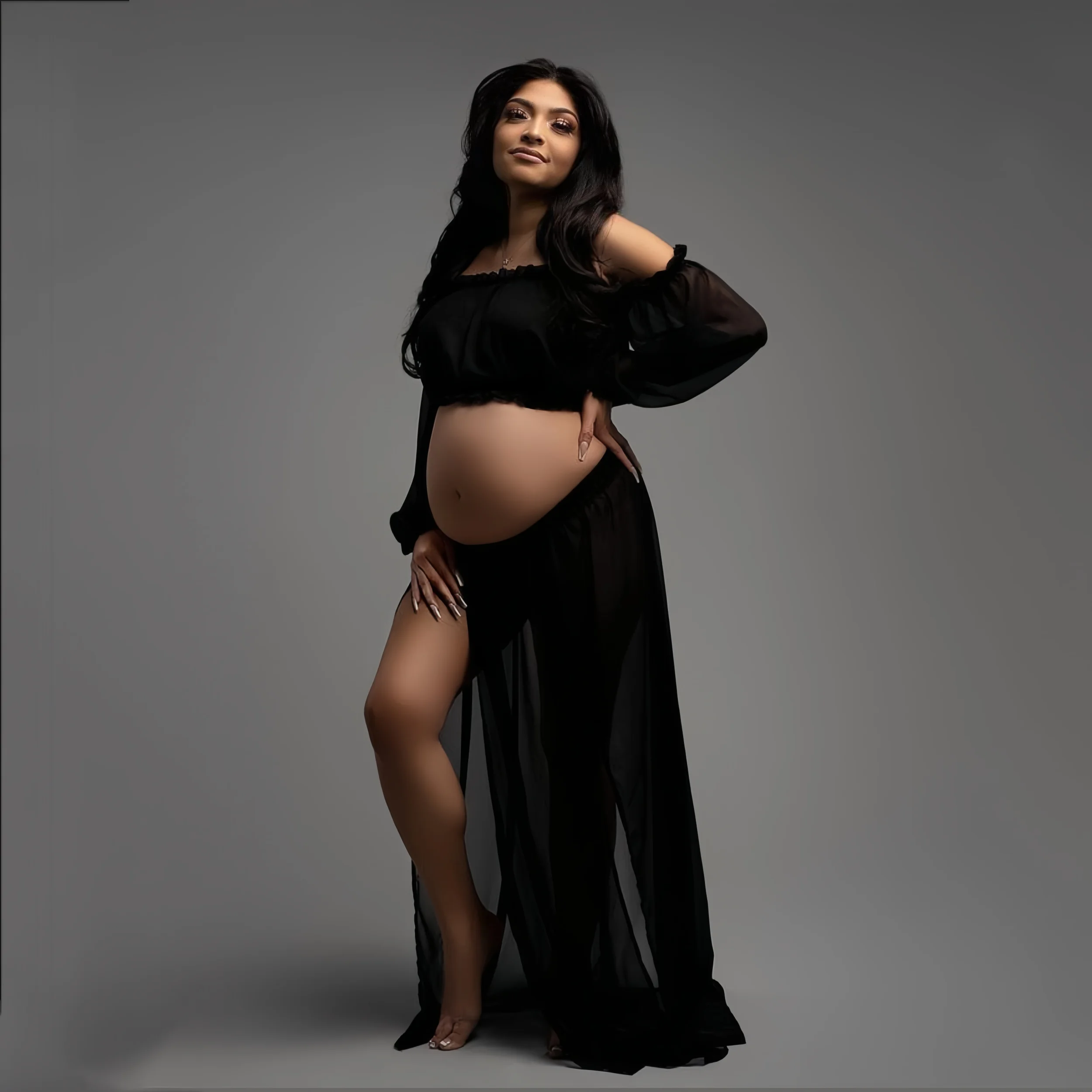 2 in 1 Chiffon Summer Maternity Photoshoot Dress Set Off-the shoulder See Through Pregnancy Photography Props Outfit Sets