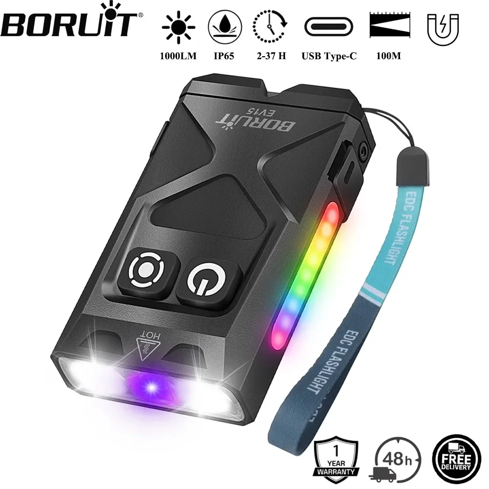 BORUiT EV15 UV LED EDC Flashlight 1000LM Type-C Rechargeable Work Light Torch with Magnet Clip Waterproof Camping Pocket Lantern