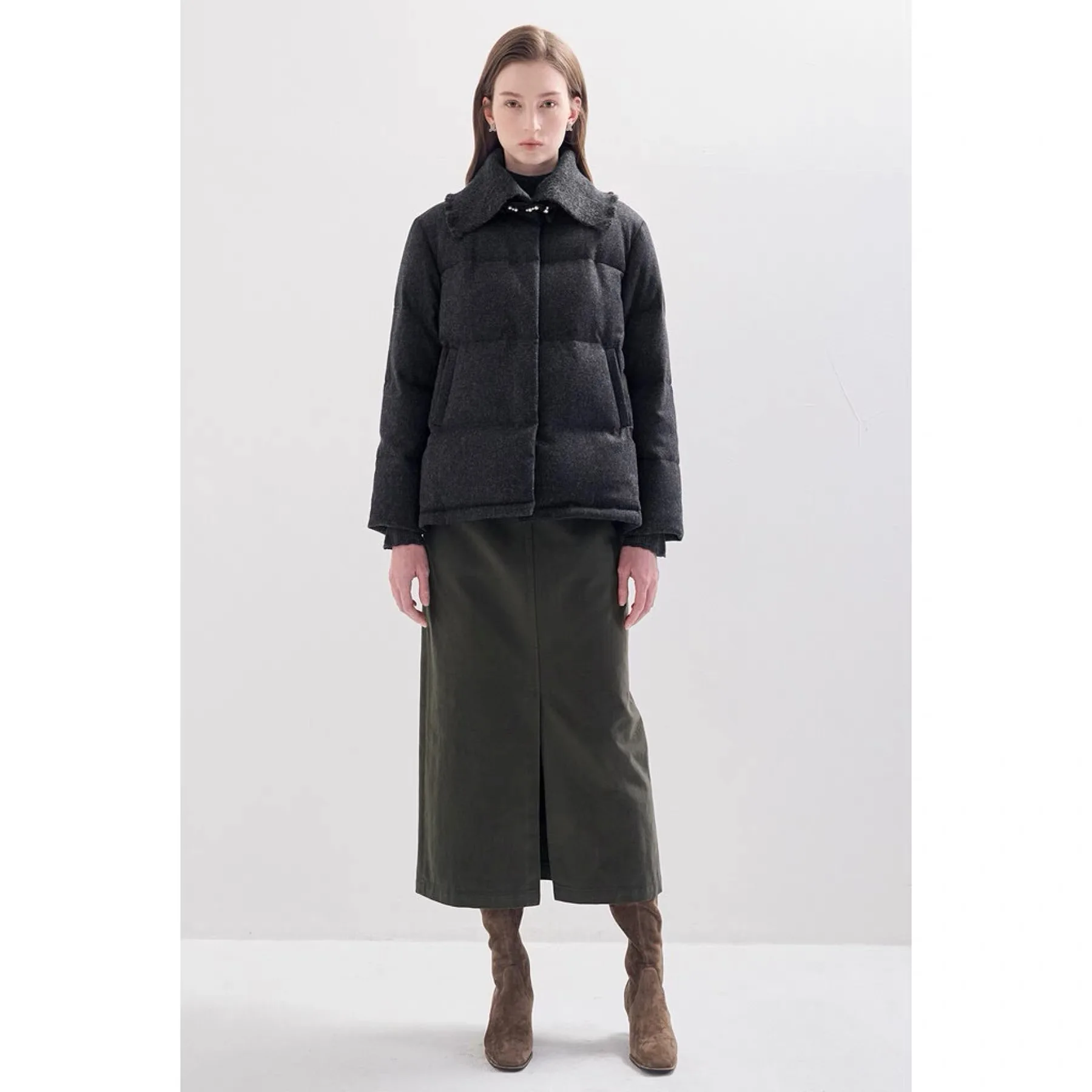 レモンチーズ LAN 25 ウィンターティーネッドウール生地グースダウンコート フリル襟付き通勤用スレレディースオートウェア