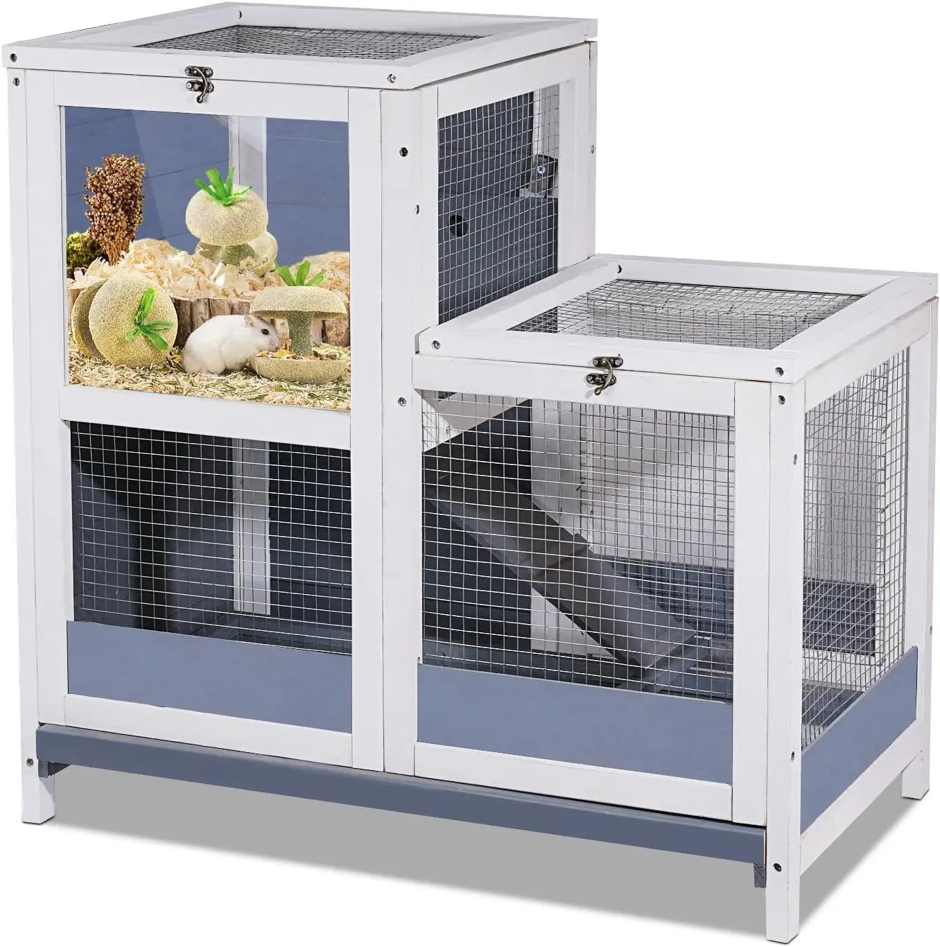 

2-Story Guinea Pig Cages Wooden Indoor Rabbit Hutch Hamster Cage with Openable Roofs, Removable Tray and Wide Ramp, Small Animal