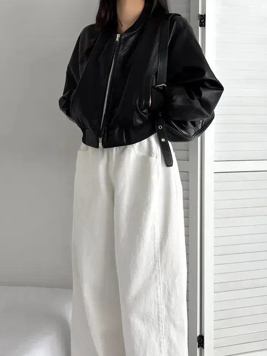 Koreańska kurtka skórzana z podwójnym zamkiem błyskawicznym, damska, wyszczuplająca, uniwersalna, długa bluza na jesień i zimę.