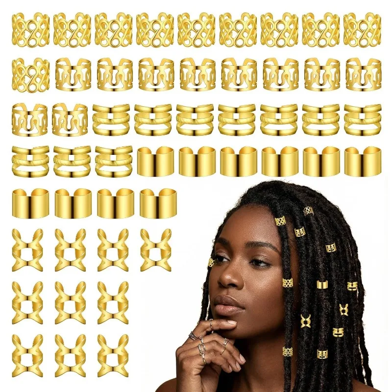 

50PCS Gold Dreadlock Clips and Hair Rings Set Combo Fake Hair Cuffs Braiding Accessories Easy Snap on Non Tarnish for DIY Party