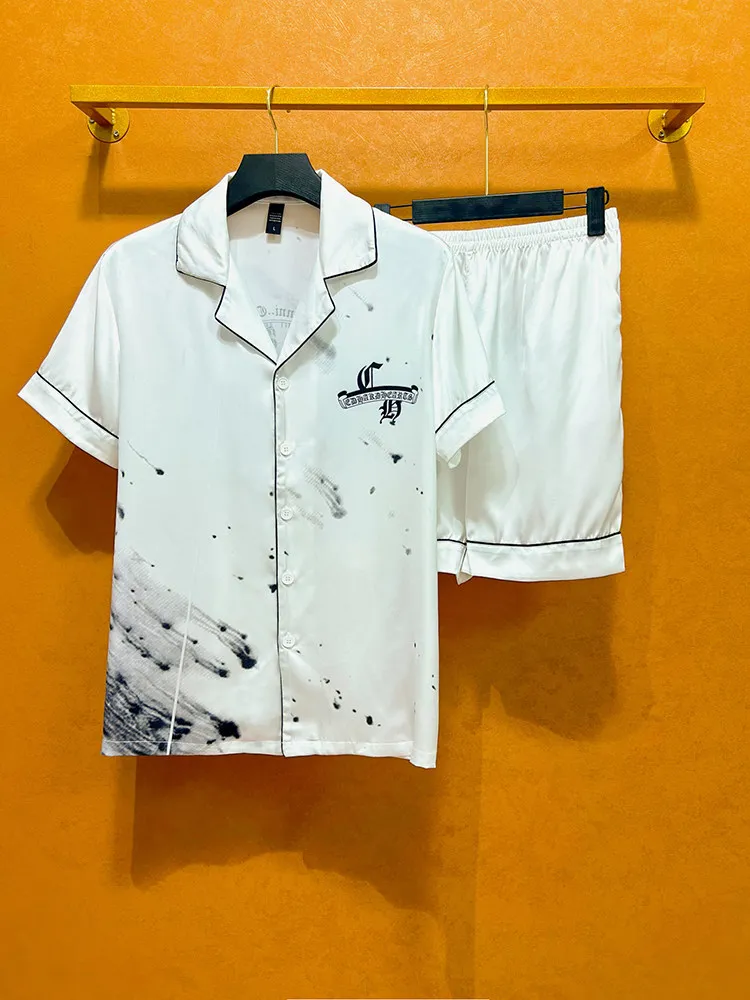 1Luxury Men's Social Hawaiian Shirt Sets Fashion Lapel Short Sleeve Top Shorts 2 Piece Outfit Casual Loose Men Suit Clothing ﻿