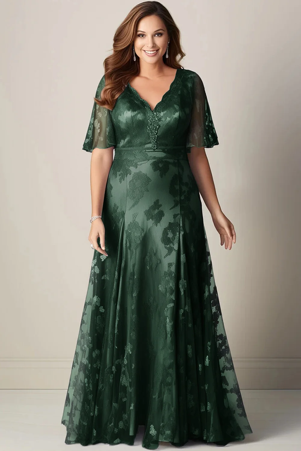 

Flycurvy Plus Size Formal Taro Color Lace Flutter Sleeve Maxi Dress