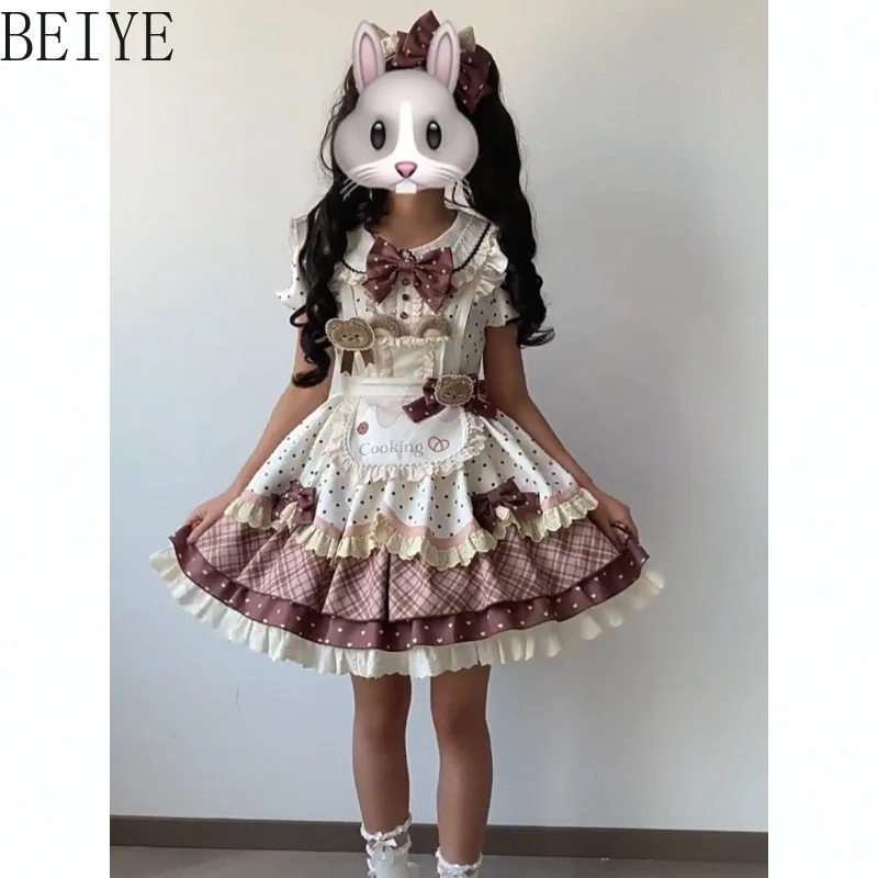 Brown Cute Bear Sweet Apron Dress Women's Lolita Style Op Lolita Bow Princess Dresses Female Short Sleeve High Street Dress