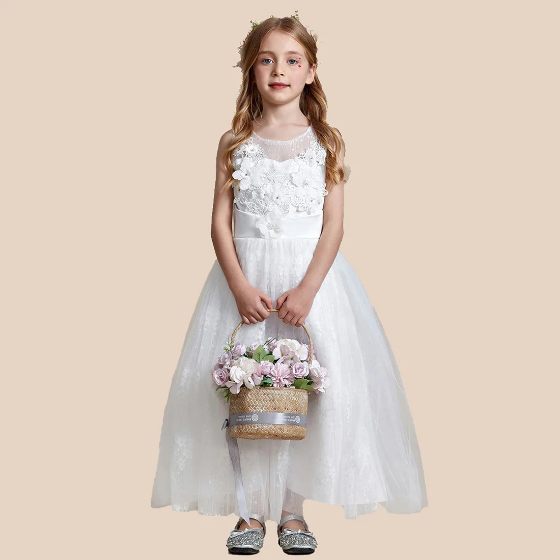 YZYmanualroom vestido de niña de flores con espalda de satén, apliques florales de tul, princesa 2-15T