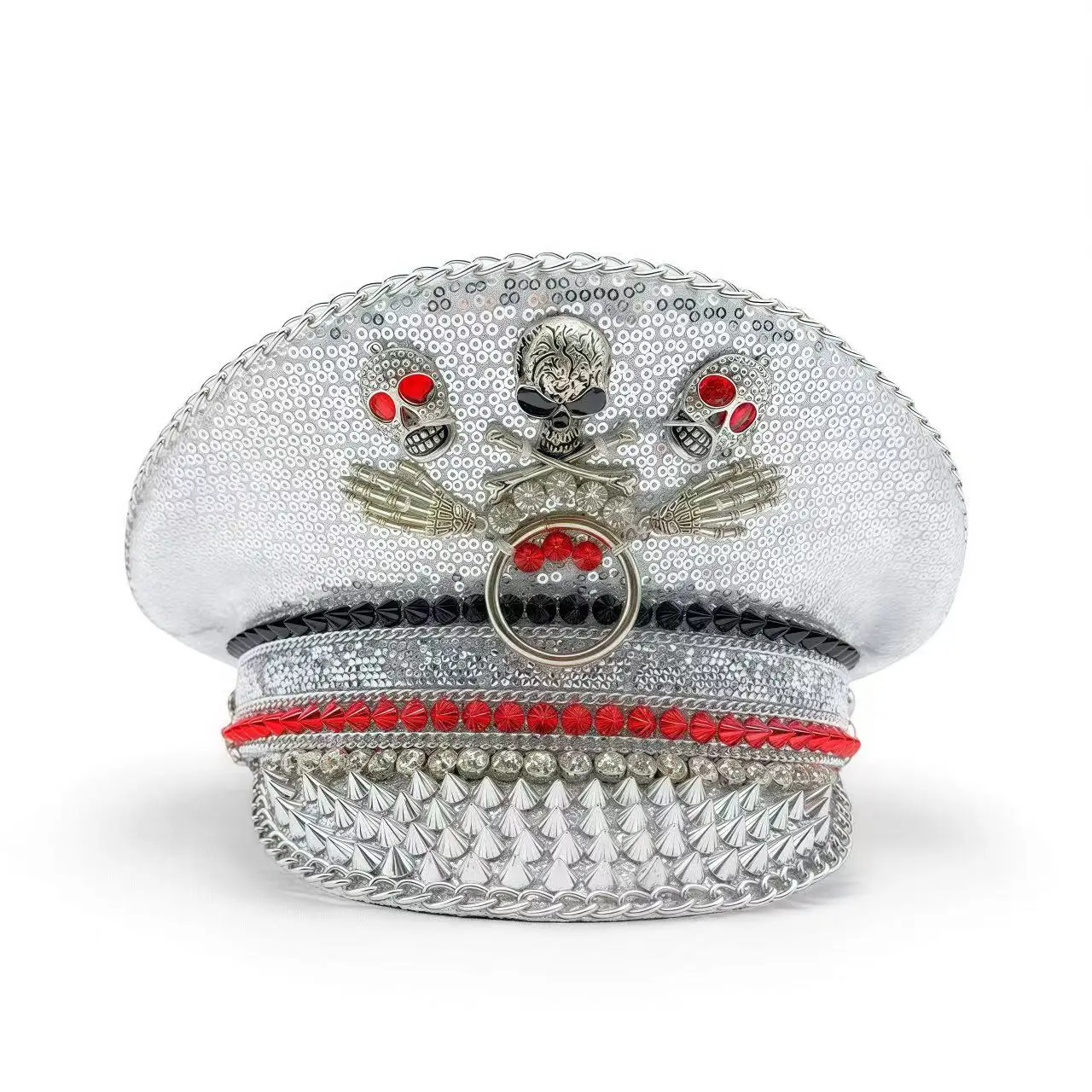 HongLuan Gelber Laser-Leder-Loop-Kapitänshut mit Strasssteinen und Militärkappen für Damen, Rave-Festivals-Accessoires und Partymütze für Herren