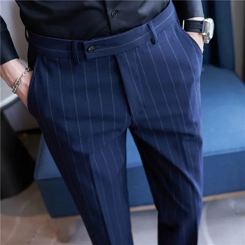 Men\'s Striped Suit Pants Elastic 2024 Autumn New Social Casual Trousers Slim Fit Suit Pants Business Office Wedding Men Clothing