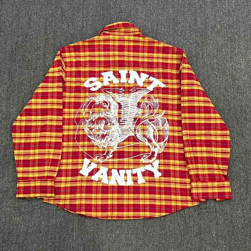 

25ss Yellow Red Checkered Stripe SAINT VANITY Shirts Double Pockets Cotton Long Sleeved Top Casual Loose Men Women Tshirt
