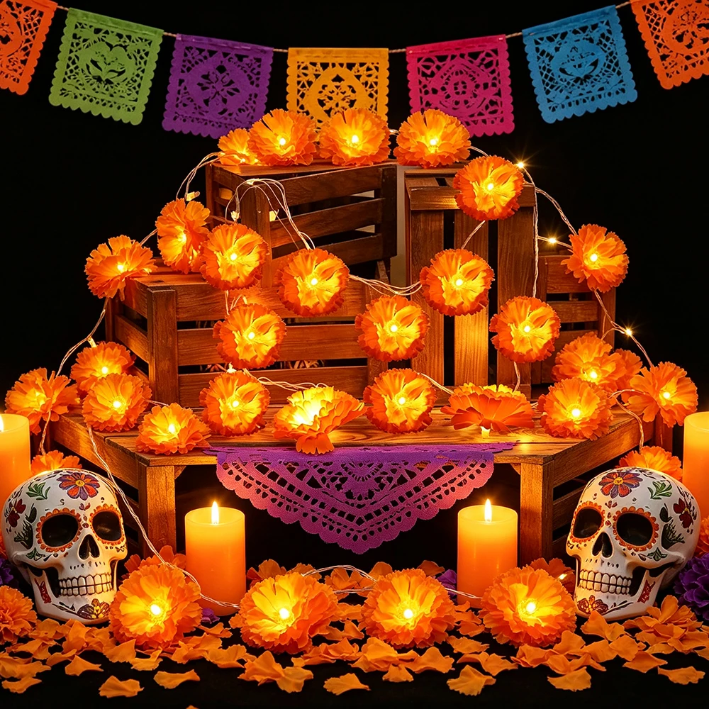 1/2 Set 10-Head LED Artificial Marigold Flower String Lights, Day of The Dead Halloween Autumn Floral Lights for Indoor Yard