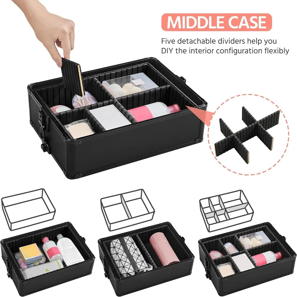 4-in-1 Rolling Makeup Train Case, Lockable Black Cosmetology Cart with Detachable Tiers & Accordion Trays for Organized Beauty Supplies view 5