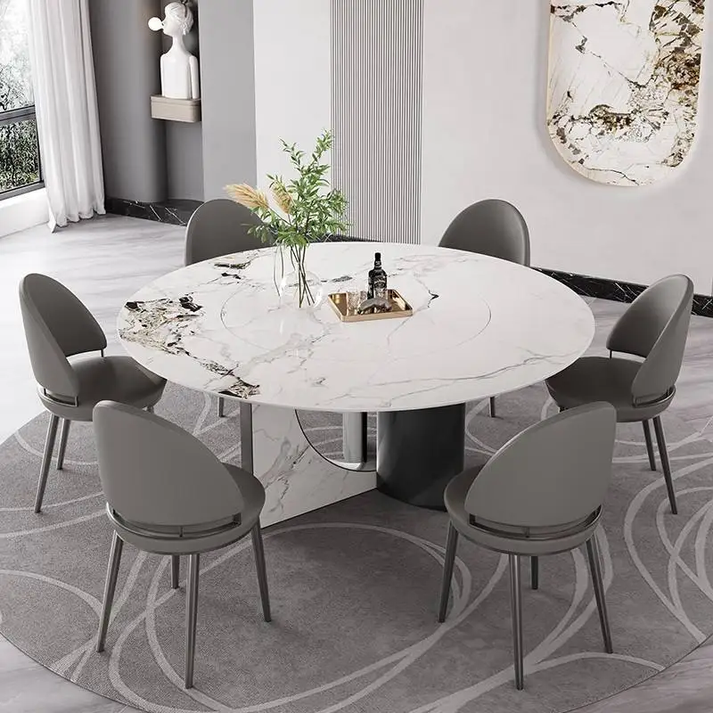 *Luxury Modern Round Dining Table Sintered Stone Top Natural Marble White Finish 6 Seater Metal Legs for Home Dining Living Room