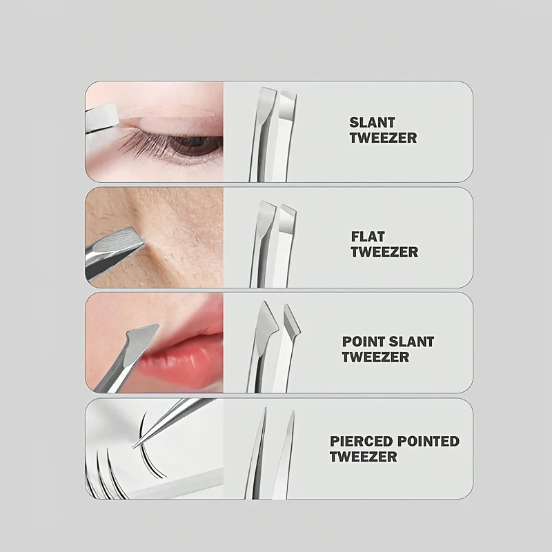 4pcs Stainless Steel Tweezers Set for Sensitive Beige & Eyelid Facial Hair Removal Professional Slant Tip Beauty Tools Gifts