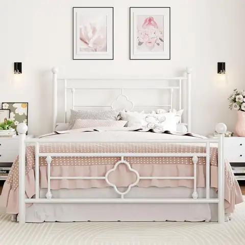 Full Size Metal Platform Bed Frame with Vintage Iron-Art Headboard and Footboard, No Box Spring Needed, Easy Assembly