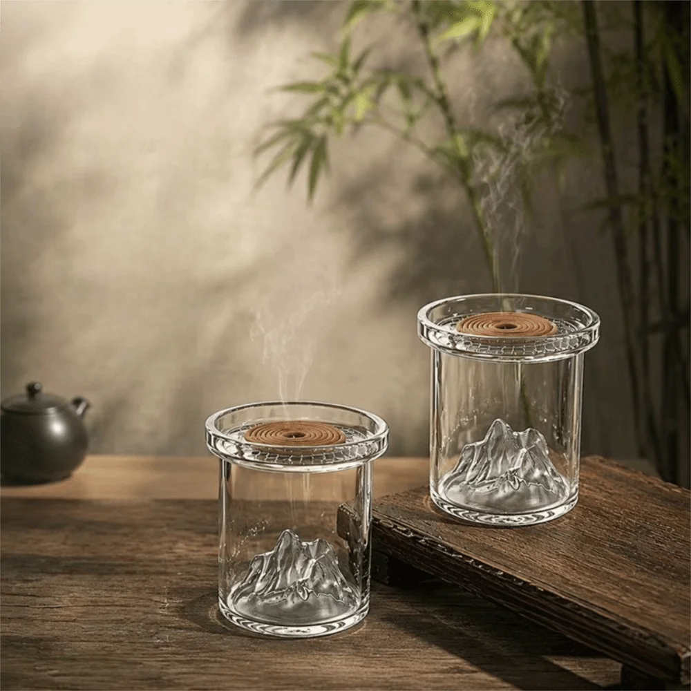 Vintage Glass Mountain Incense Burner Metal Incense Plate with Glass Ash Catcher Incense Holder Transparent Heat-resistant
