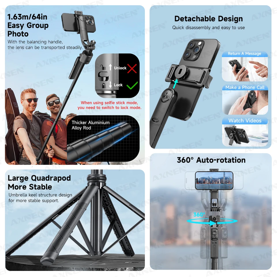 Treppiede Selfie Bluetooth 160cm – 3 In 1 Con Telecomando, Supporto Per Telefono, In Metallo Leggero E Compatto