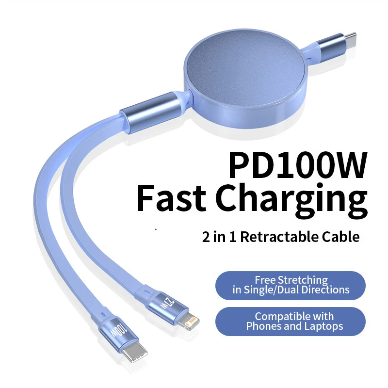 كابل USB C إلى USB C 100 وات قابل للسحب 2 في 1، سلك شاحن متعدد الوظائف، سلك شحن سريع لهاتف iPhone 17، Samsung Galaxy S24