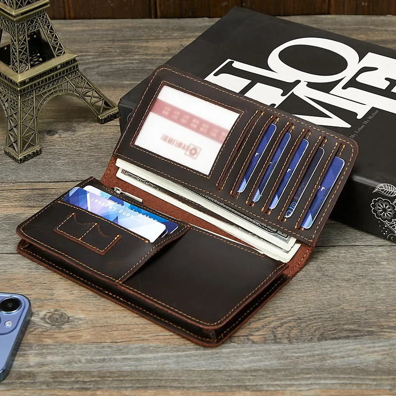 Long real leather men's wallet large capacity multi-card pocket change multi-function retro hand business wallet