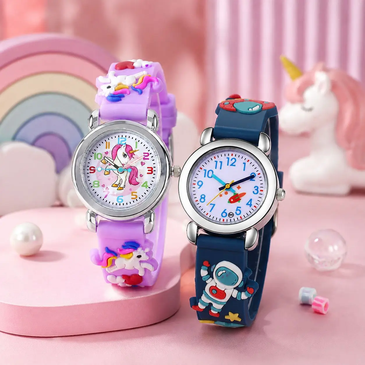 Cartoon Purple Unicorn Girls Watches for Kids Silicone Strap Blue Astronaut Boys Quartz Child Watch Student Clock Birthday Gift