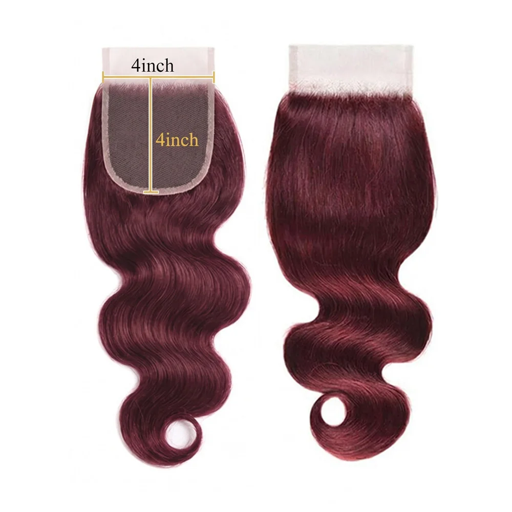 4x4 Lace Closure 99j Burgundy Body Wave Human Hair 12A Dark Burgundy Wine Red Color Wavy Free Part Melt Lace Closure 100% Unprocessed Virgin Remy Hair Pre Plucked With Baby Hair Closure 16 IN
