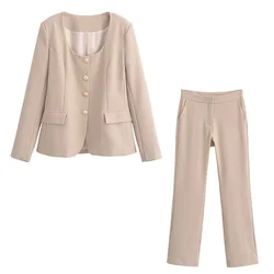 PB&ZA 2024 Spring New Women's Fashion Style Commuting Versatile Round Neck Suit Coat+High Waist Flare Pants Set