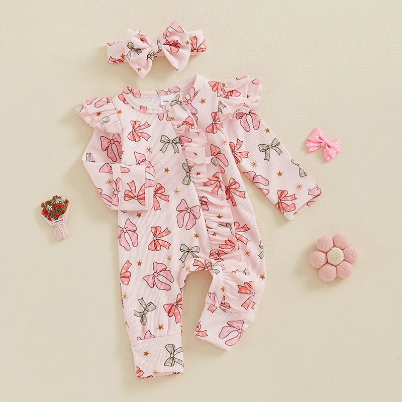 0-6M Autumn Baby Girl Outfit Long Sleeve Bow Print Jumpsuit with Bowknot Headband Baby Clothes