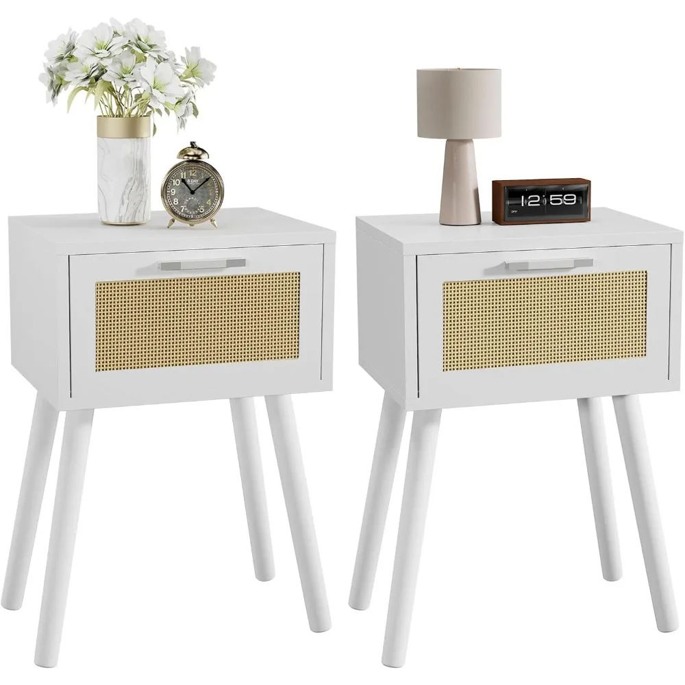 مجموعة منضدة YMYNY مكونة من 2، طاولة نهائية، طاولة صغيرة بجانب السرير، درج مزين بالروطان مصنوع يدويًا، أرجل من الخشب الصلب، طاولة جانبية حديثة