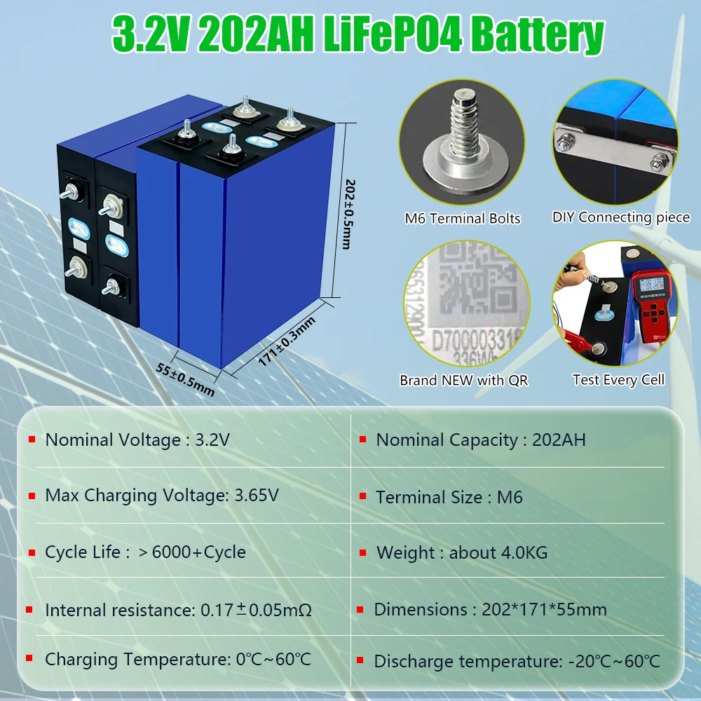 200Ah 3.2V LiFePO4 Battery 280Ah 310Ah with QR Code Grade-A 6000+ Cycle Full Capacity with Screws, Bus Bar for Golf Cart, Motor