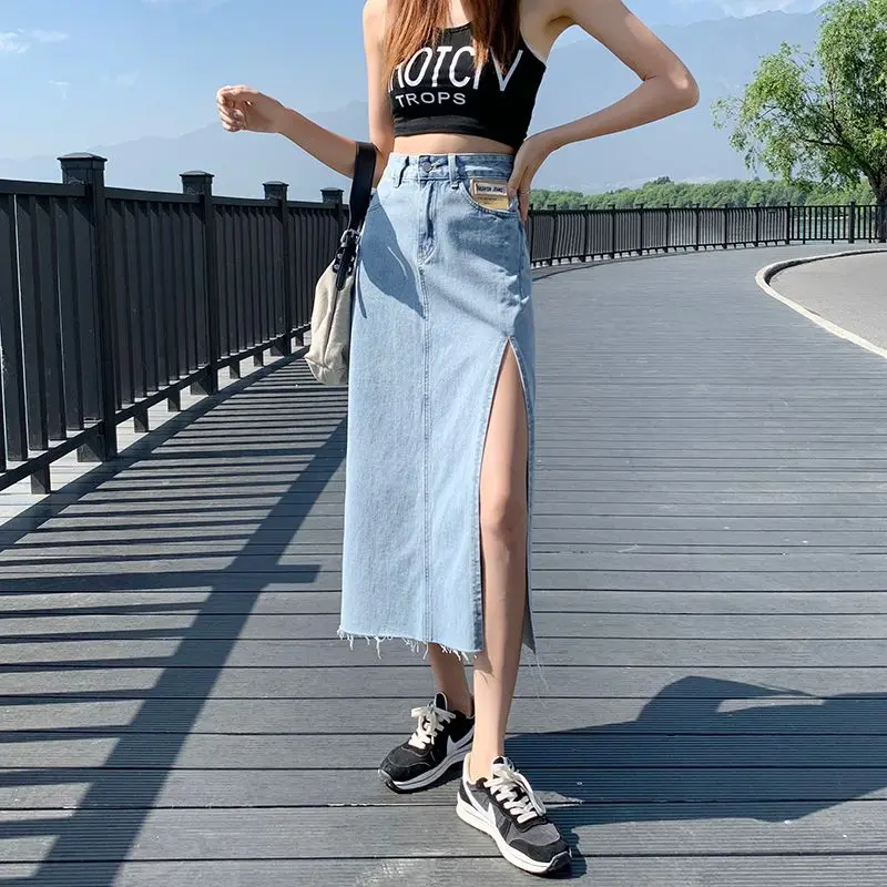 여성 빈티지 데님 솔리드 미디 기장 스커트 2025 여름 우아한 캐주얼 A라인 사이드 슬릿 코튼 여성 의류 신상 드레스