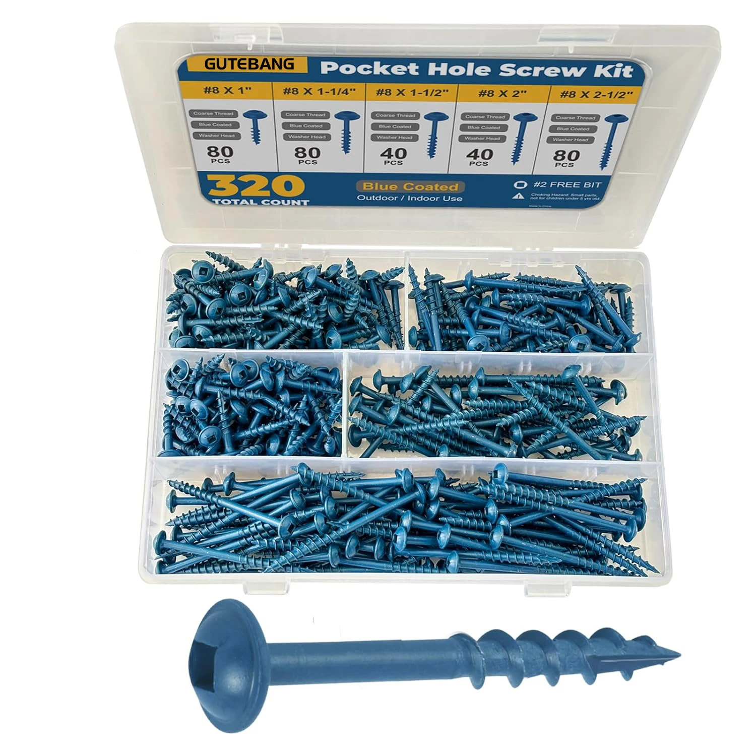 Pocket Screw Set #8, 320 Blue-Coated Pocket Screws, Coarse-Threaded Wood Screws with Square Heads, Self-Tapping,