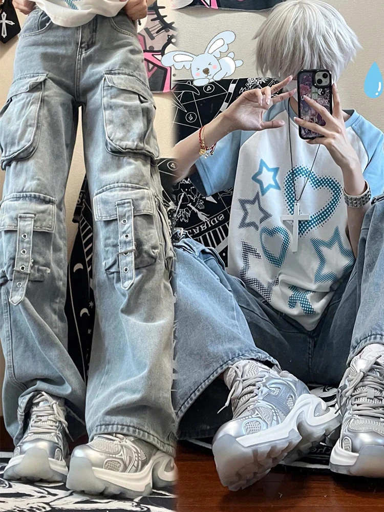 

Women's Summer Thin Light Washed Wide Leg Loose Fit Workwear Jeans High Street Retro Straight Leg Trousers Casual Denim Pants