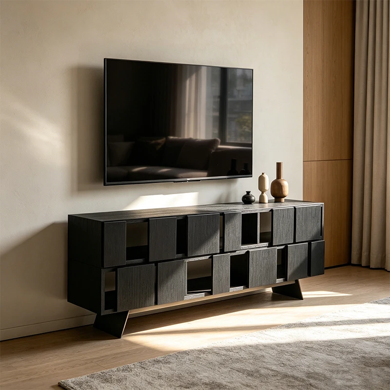 Modern minimalist dark oak TV cabinet with multi-compartment storage, metal legs, living room media console