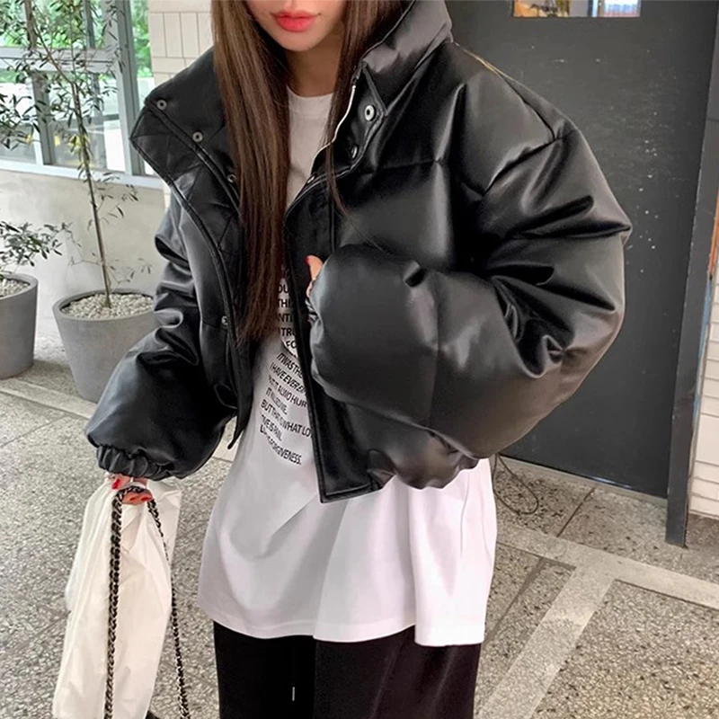 Chic Winter Vintage Stand Collar Bla Matte PU Leather Bread Coat Loose Warm ort Cotton Jaet Women's Faion Commute