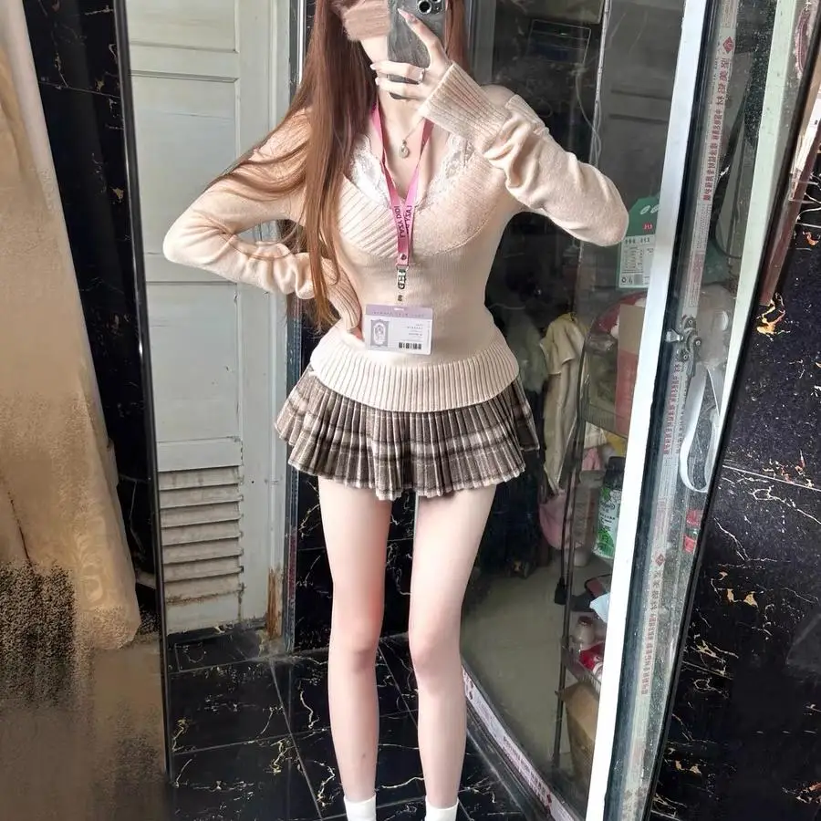 Jesień Zima Kobiety Gyaru Dwuczęściowe Zestawy Sweter Koreański Balet Rdzeń Pulowery V-neck Sweter Dzianiny 2000s Kpop Cute Coquette