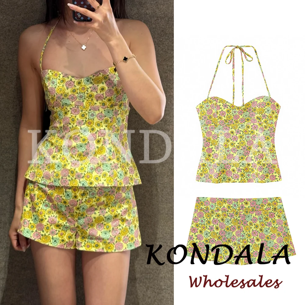 KONDALA Chic Spring Flower Print Woman Suits Halter Neck Backless Slim Vest+Mini Shorts Fashion 2026 Holiday Female Sexy Sets