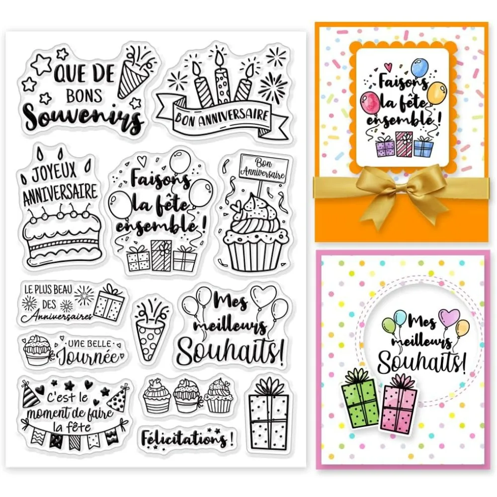 Happy Birthday French Clear Stamps Birthday Cake Silicone Clear Stamp Seals French Transparent Stamps for DIY Scrapbooking Cards