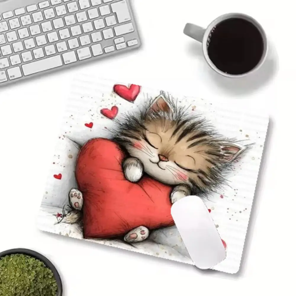 Large Size Adorable Kitten Hug Red Heart Game Pad Natural Rubber Anti‑Slip For Bedroom Laptop Daily Game Office