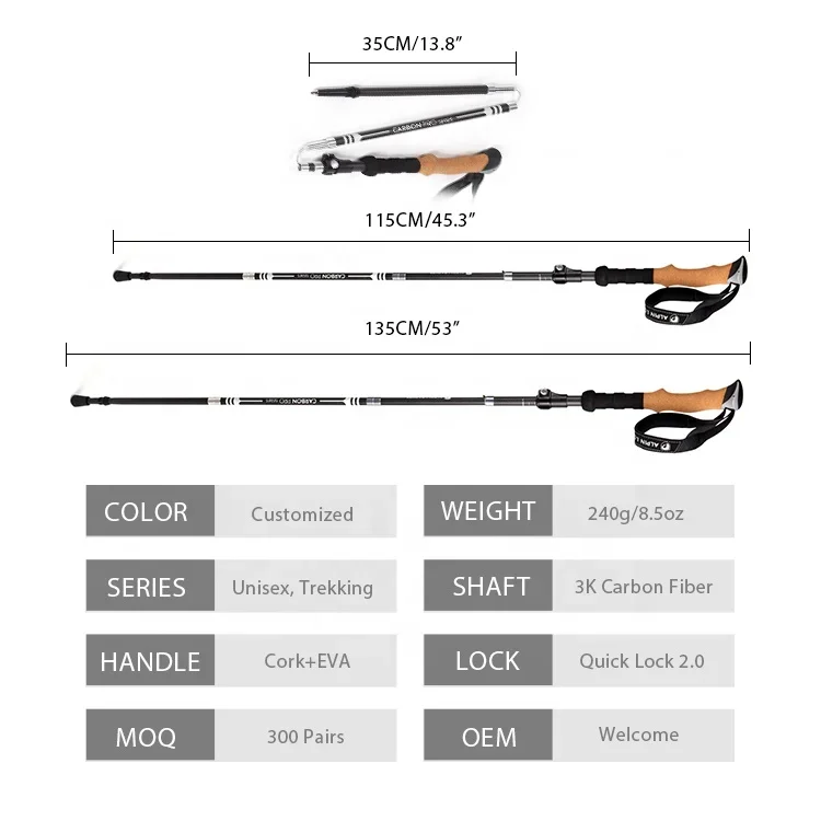 RTS Outdoor Lightweight  5-section collapsible telescoping Carbon Fiber Hiking Sticks walking Trekking poles