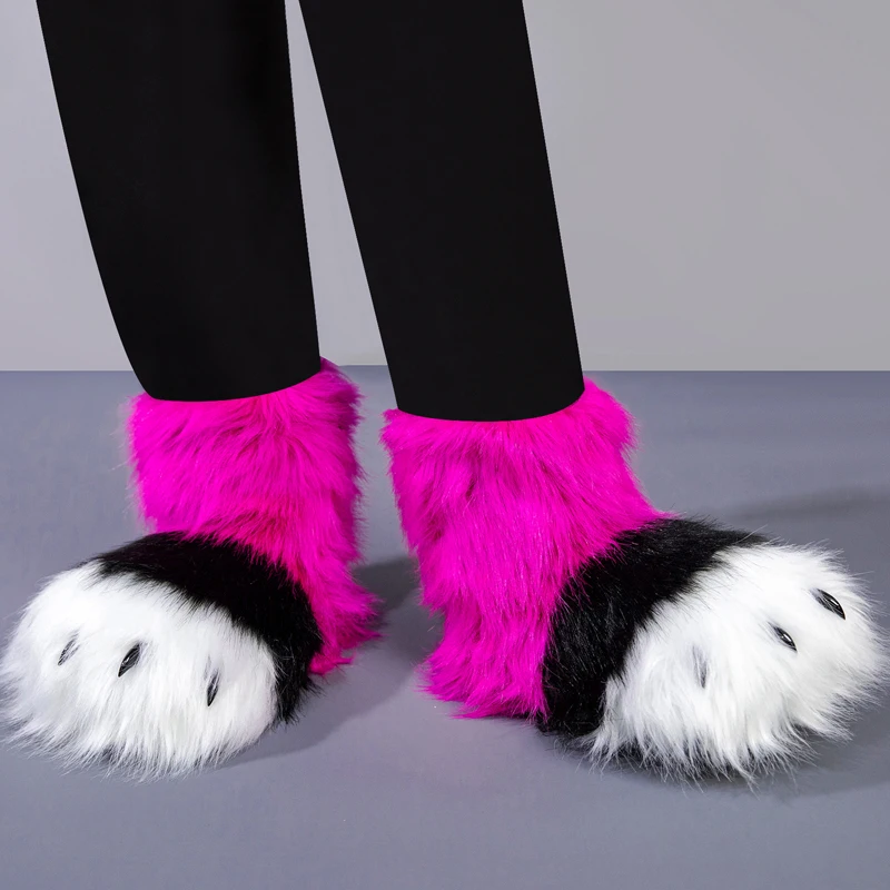 Furry Animal Paw Slippers Fluffy Fuzzy Boots Halloween Fox Fur Animal Glove Cat Wolf Bear Claw Shoes Cosplay Costume Accessories