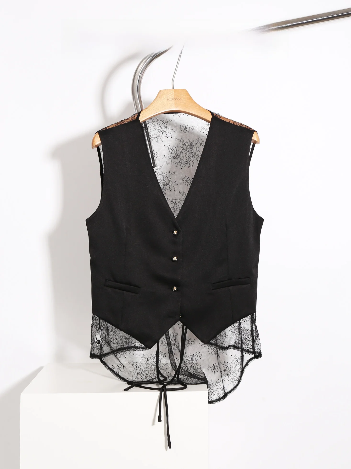 Recommended Rou Dolle Lace Splice Suit Jacket V-Neck Women's Vest Outerwear Commute Style Regular Length Single Button
