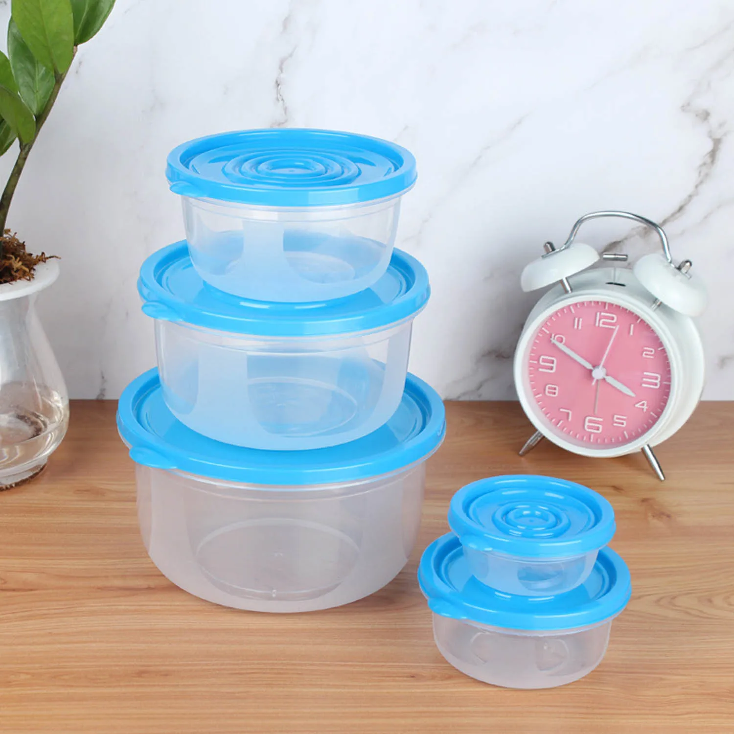 

5PCS Assorted Size Stackable Round Shape Food Storage Containers Box Set for Home Kitchen Microwave Freezer Refrigerator