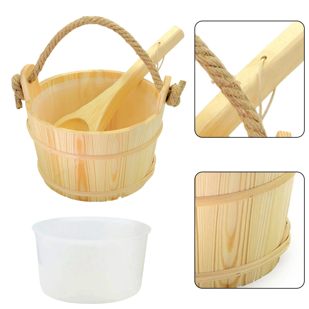 6L Sauna Bucket & Ladle Set, Spruce Wood Construction With Rope Handle And Plastic Liner Sauna Accessories Set