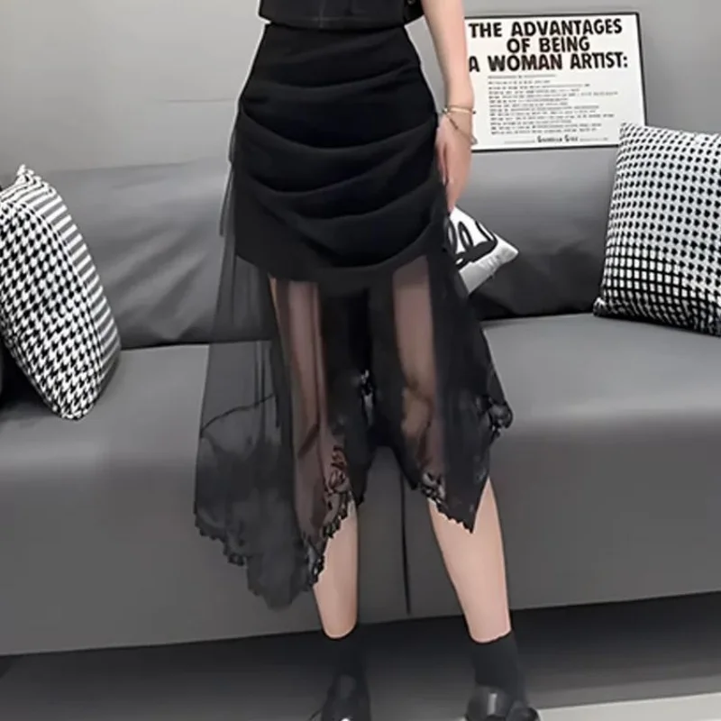 

Новая летняя юбка нестандартной формы, женская мода, черная драпированная кружевная юбка трапециевидной формы с высокой талией, тюлевые юбки, тонкие вечерние юбки с разрезом